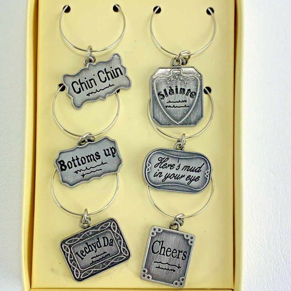 Past Times Wine Charms Set of 6 Silver Tone Metal Wit and Wisdom New in Box